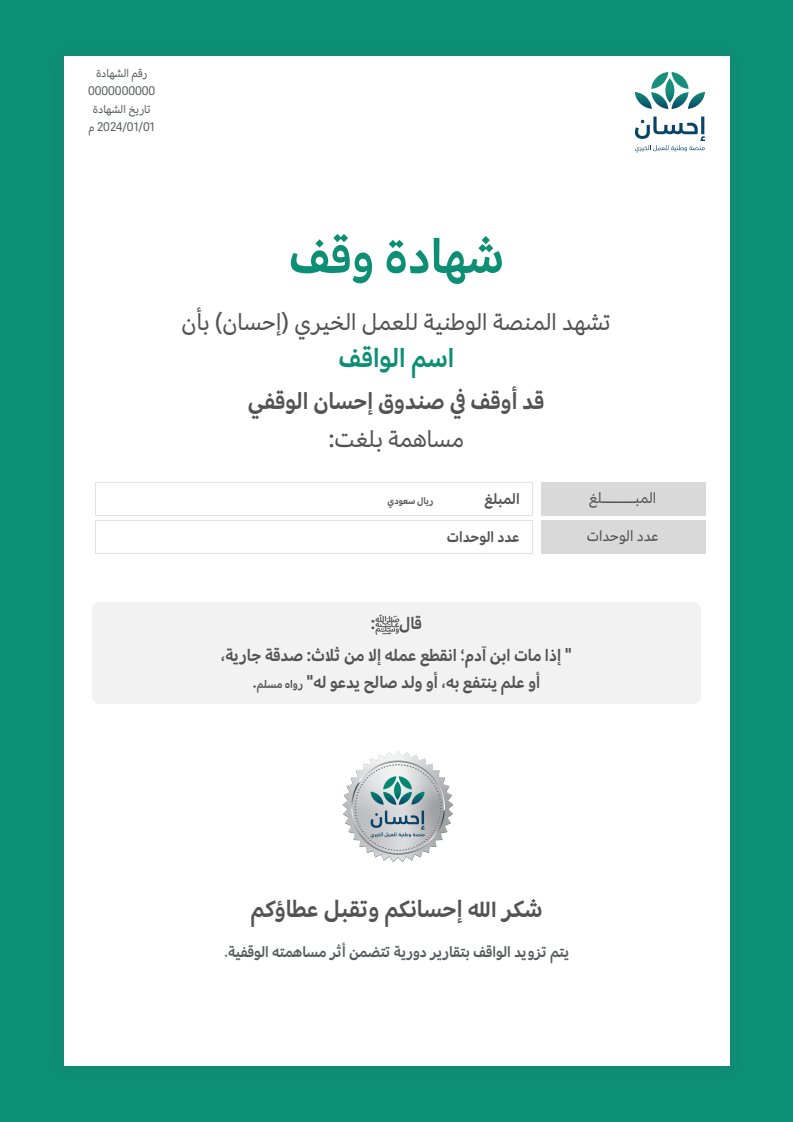 خلفية بيضاء بحواف عريضة باللون الأخضر ... “شكر الله إحسانكم وتقبل عطاؤكم”.